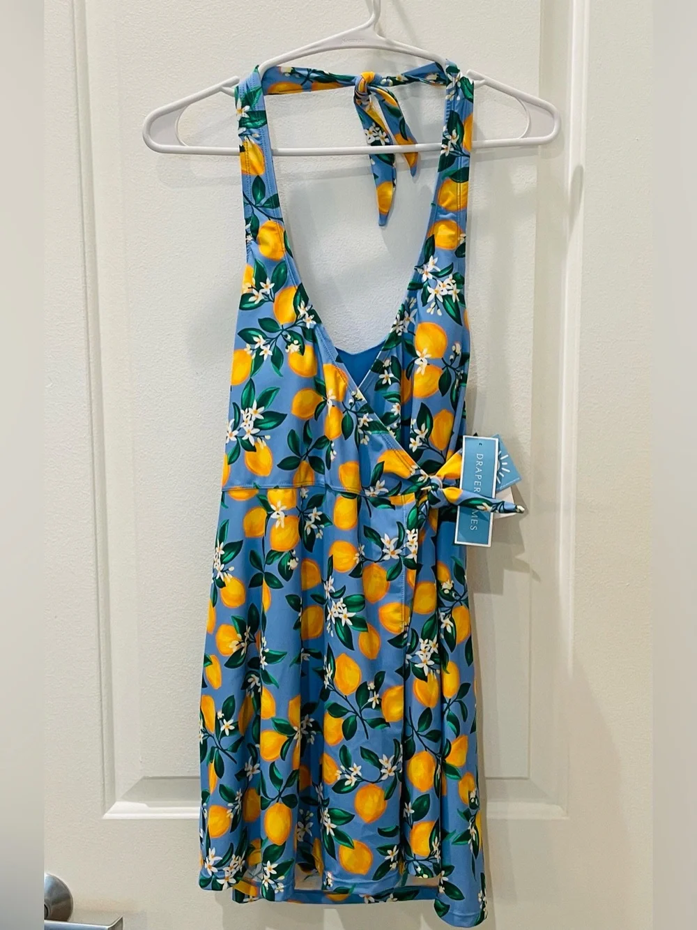 NWT…Draper James Lemon Blue Floral Wrap Halter Swimsuit Upf 50+ Medium